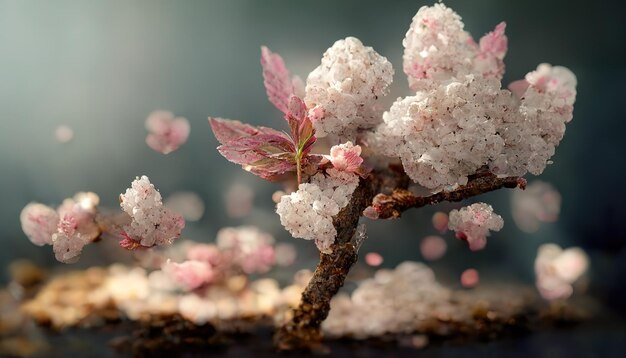 White and pink sakura flowers on a brown dry tree branch