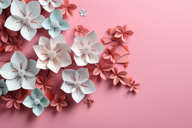 Photo white and pink sakura flowers in cut paper origami style floral background banner quilling