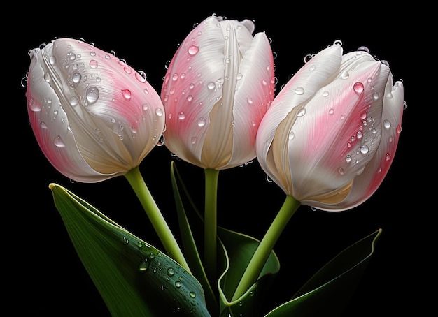 white and pink tulips with water drops on a black background in the style of hyperrealism