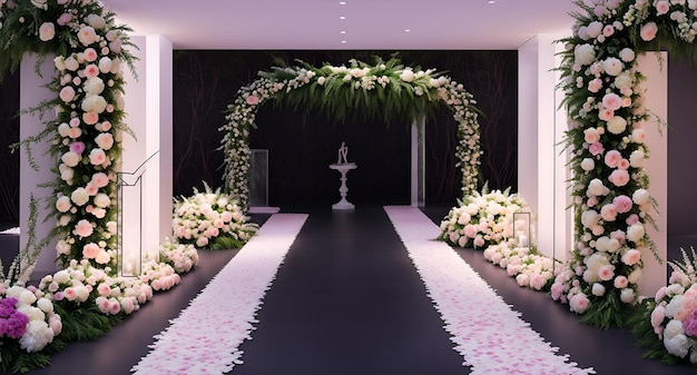 A white and pink wedding aisle decorated with flowers