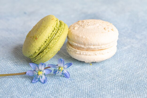 Photo white and pistachio macaroons and spring flower on a linen napkin. macarons or macaroons is french or italian dessert.