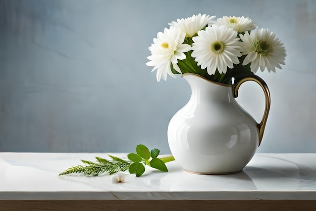 A white pitcher with daisies in it and a green leaf on the side.