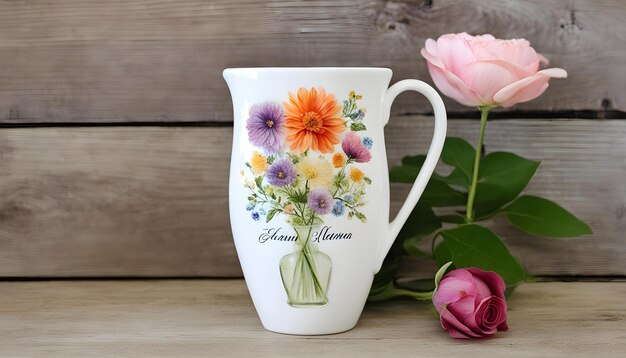 Photo a white pitcher with flowers on it and the word  grandad  on it
