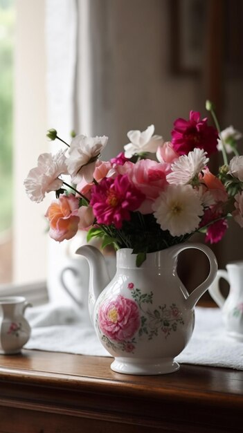 A white pitcher with pink and white flowers in it.