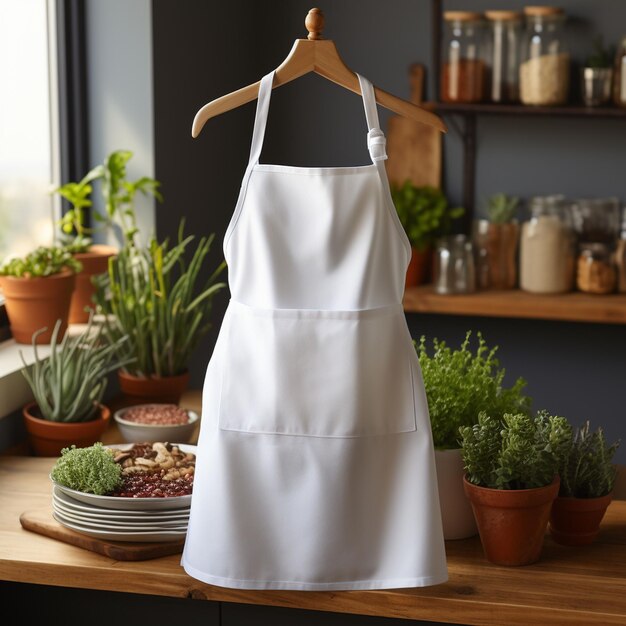 a white plain apron mockup kitchen background