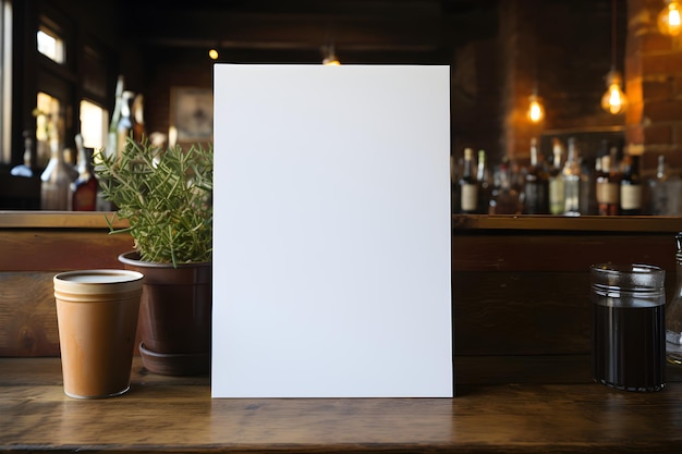 Photo white plain paper on wooden table in cafe restaurant interior decor