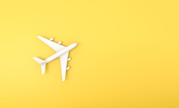 White plane on yellow background. Flat lay design of travel concept. 3d rendering.