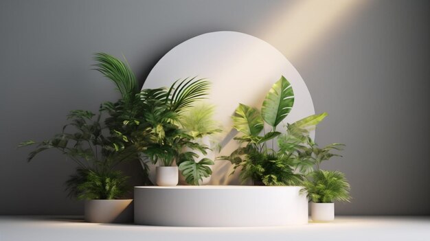 A white plant stand with a white plate that says'green'on it