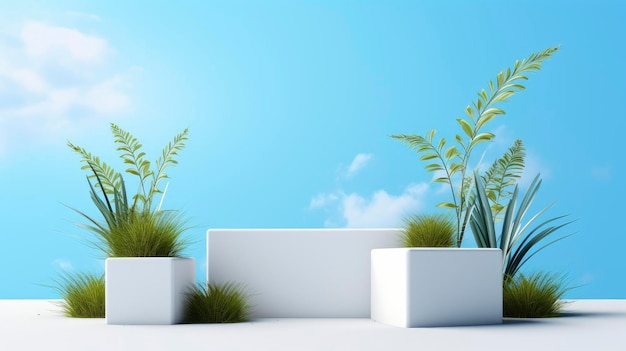 A white planter with plants in it and the sky is blue.