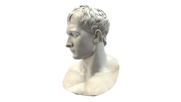 White plaster bust of a roman man on a white background