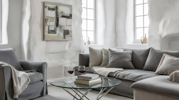 White plaster wall living room have sofa and armchair