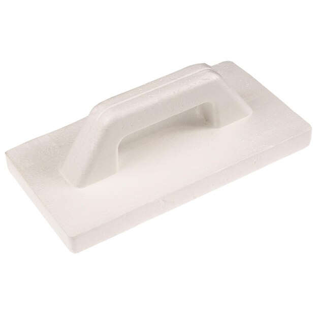 A white plastic block that has a handle that says's " on it.