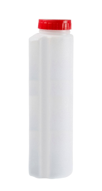 白で隔離される白いプラスチック製のボトル
