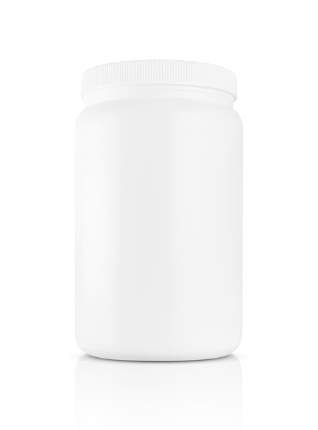 Photo white plastic bottle for a whey protein supplement