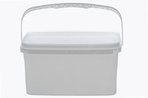 White plastic bucket with handle up on white background Isolated