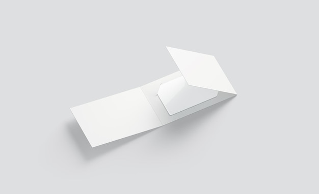 White plastic card mockup inside opened paper booklet holder Empty brochure gift card moc kup