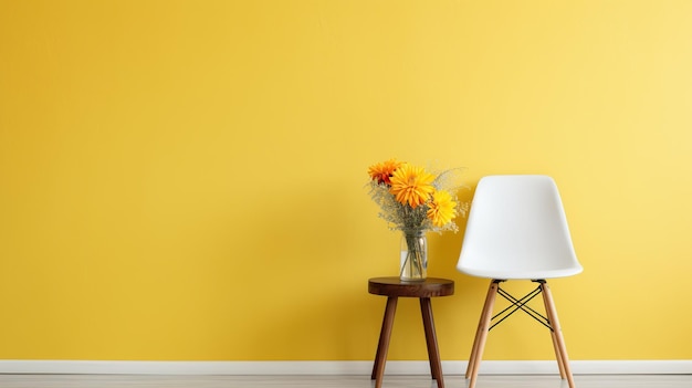 Белый пластиковый стул с деревянными ногами ваза цветок изолированный желтый фон ИИ сгенерирован