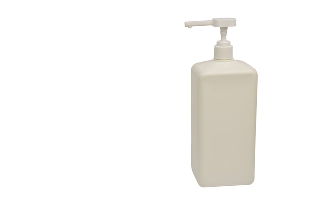 White plastic container for liquid with a dispenser on a white background for clipping on the right of the frame. There is an empty space for the title