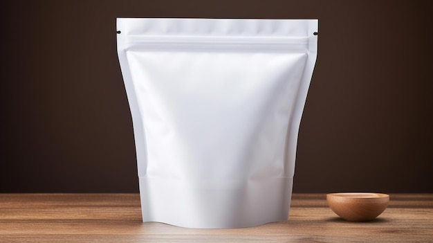 A white plastic container with a wooden spoon on a wooden table