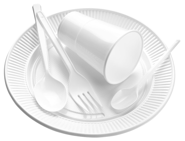 White plastic cup plate fork and spoon isolated on white background Disposable Plastic dishware