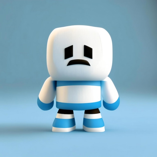 悲しそうな顔をした白いプラスチック製のフィギュアと青と白のシャツ。