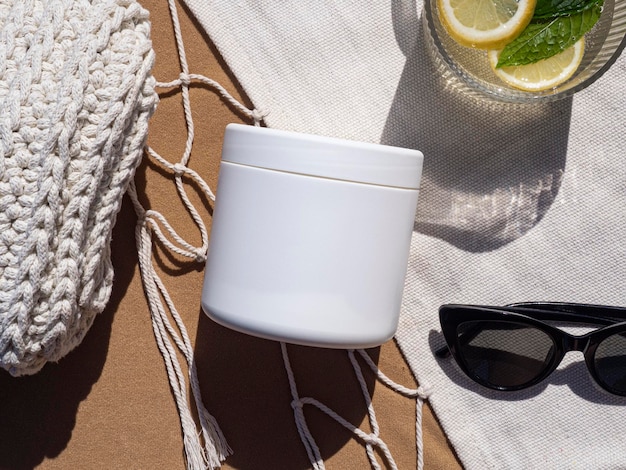 White plastic jar mockup Packaging with long shadow Summer flatlay