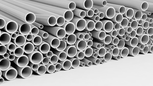 White plastic pipe stacks closeup background