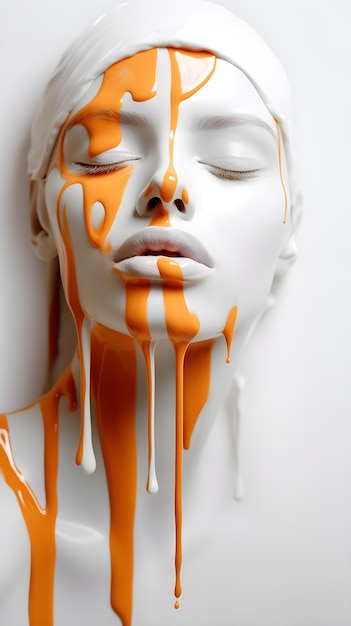 A white plastic sculpture of a woman's face covered in orange paint.