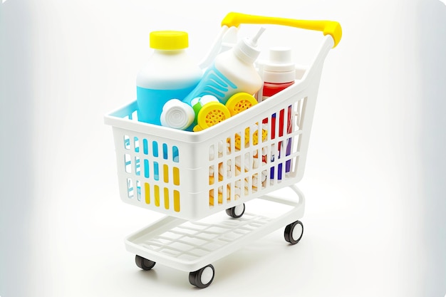 White plastic shopping cart with products isolated on white background