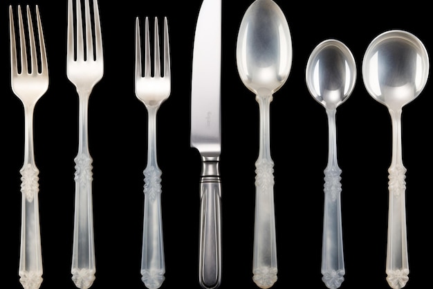 White plastic and steel cutlery on transparent