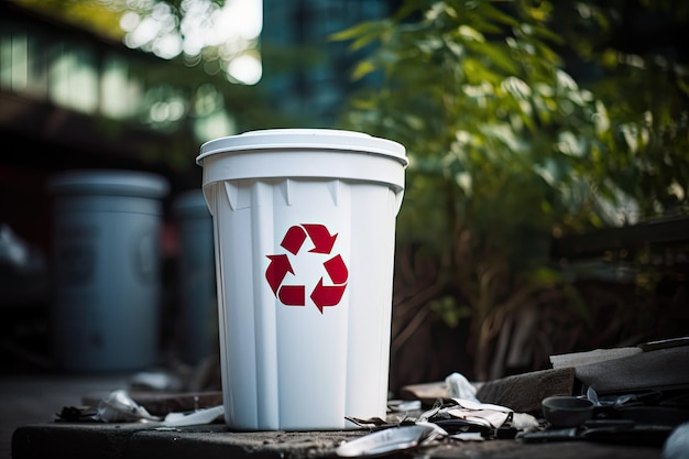 белый пластиковый мусорный контейнер с символом переработки на улице с мусором, разбросанным вокруг него
