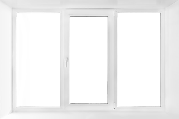 White plastic triple door window isolated on white background. closed door