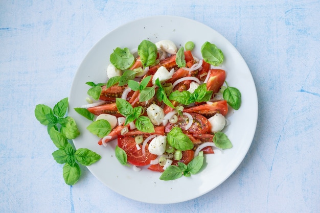 Un piatto bianco con salata caprese