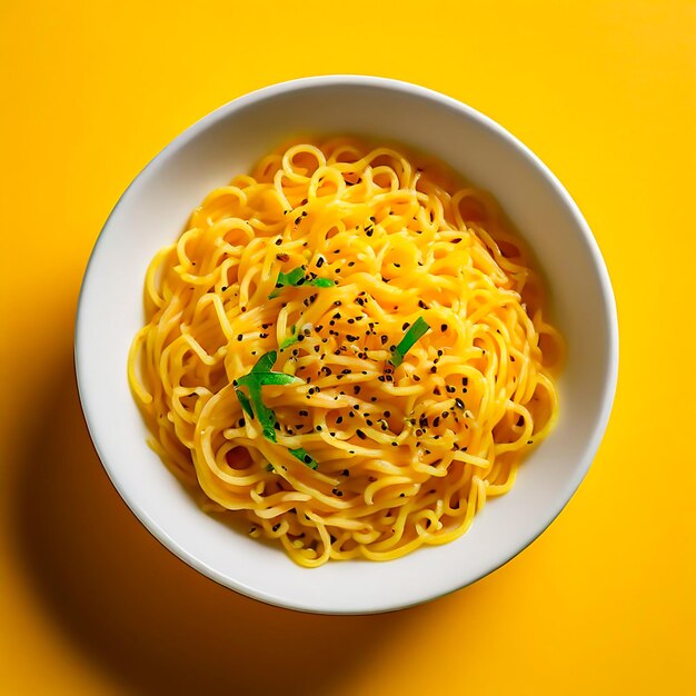 Photo white plate background with yellow pasta and vegetables on yellow table background