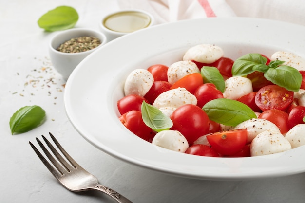 White plate of classic delicious caprese salad.