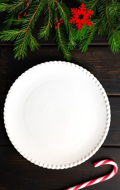 White plate on dark wooden background copy space