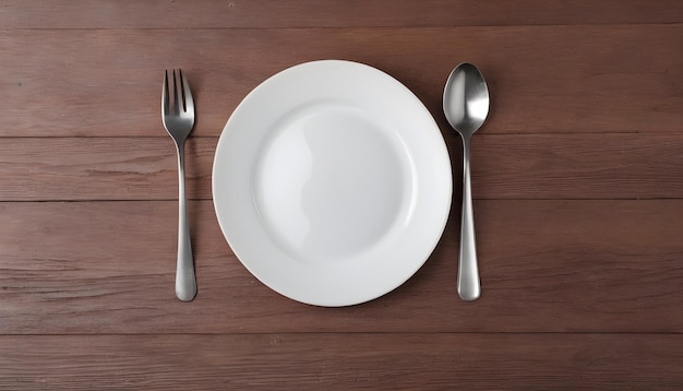 White plate and fork and spoon on wooden background