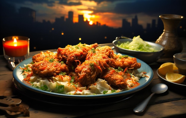 A white plate full of fried chicken with green onions