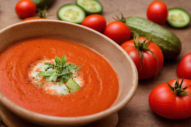 White plate full of mouthwatering gazpacho decorated with sour cream and herbs