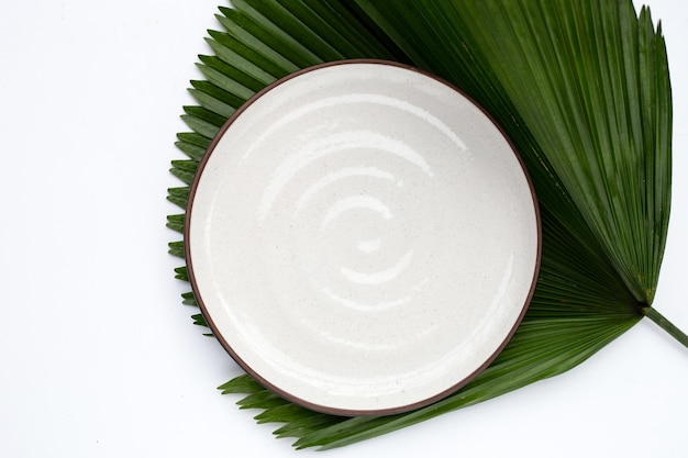 White plate on green leaves