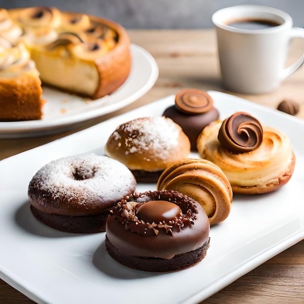 a white plate heaped with a collection of tasty baked goods cookies brownies cinnamon rolls macaroom