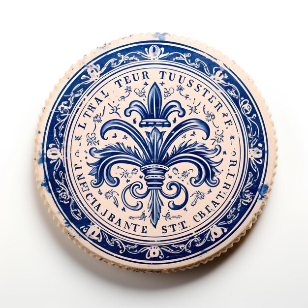 The white plate is decorated with a blue and white fleurdellac