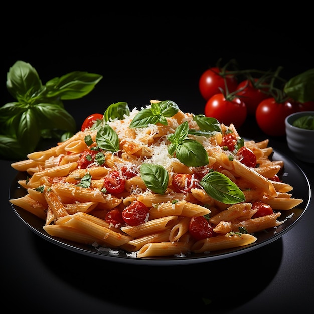 white_plate_of_Penne_pasta_met_tomatensaus_op_white_ba