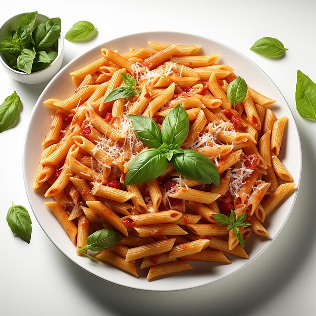 white_plate_of_Penne_pasta_with_tomato_sauce_on_white_ba