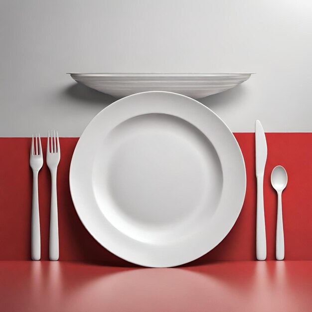 A white plate Red background with a knife and fork set on it ready for a meal