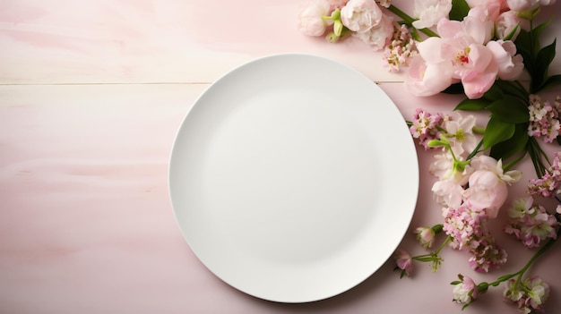 A white plate and some pink flowers on a white table