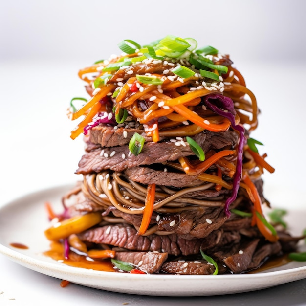 A white plate topped with beef and veggies