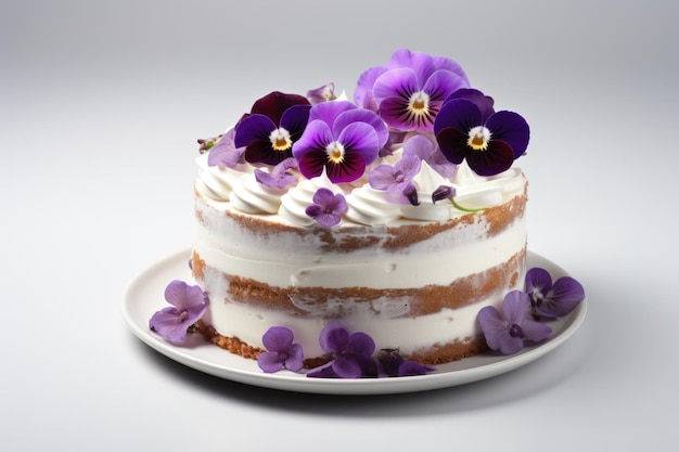 Foto un piatto bianco sormontato da una torta ricoperta di fiori viola immagine immaginaria fiori commestibili