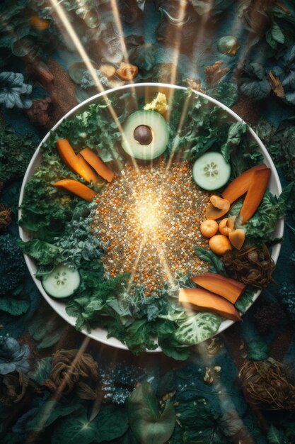 A white plate topped with carrots broccoli cucumber and avocado generative ai image