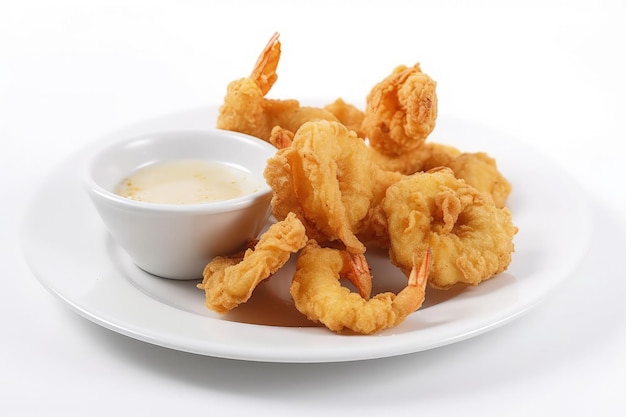 A white plate topped with fried shrimp next to a bowl of dipping sauce generative AI